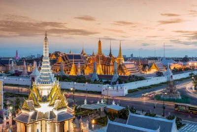 Grand palace and Wat phra keaw at sunset The beautiful landmark of Thailand.