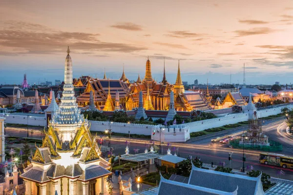 Grand palace and Wat phra keaw at sunset The beautiful landmark of Thailand.