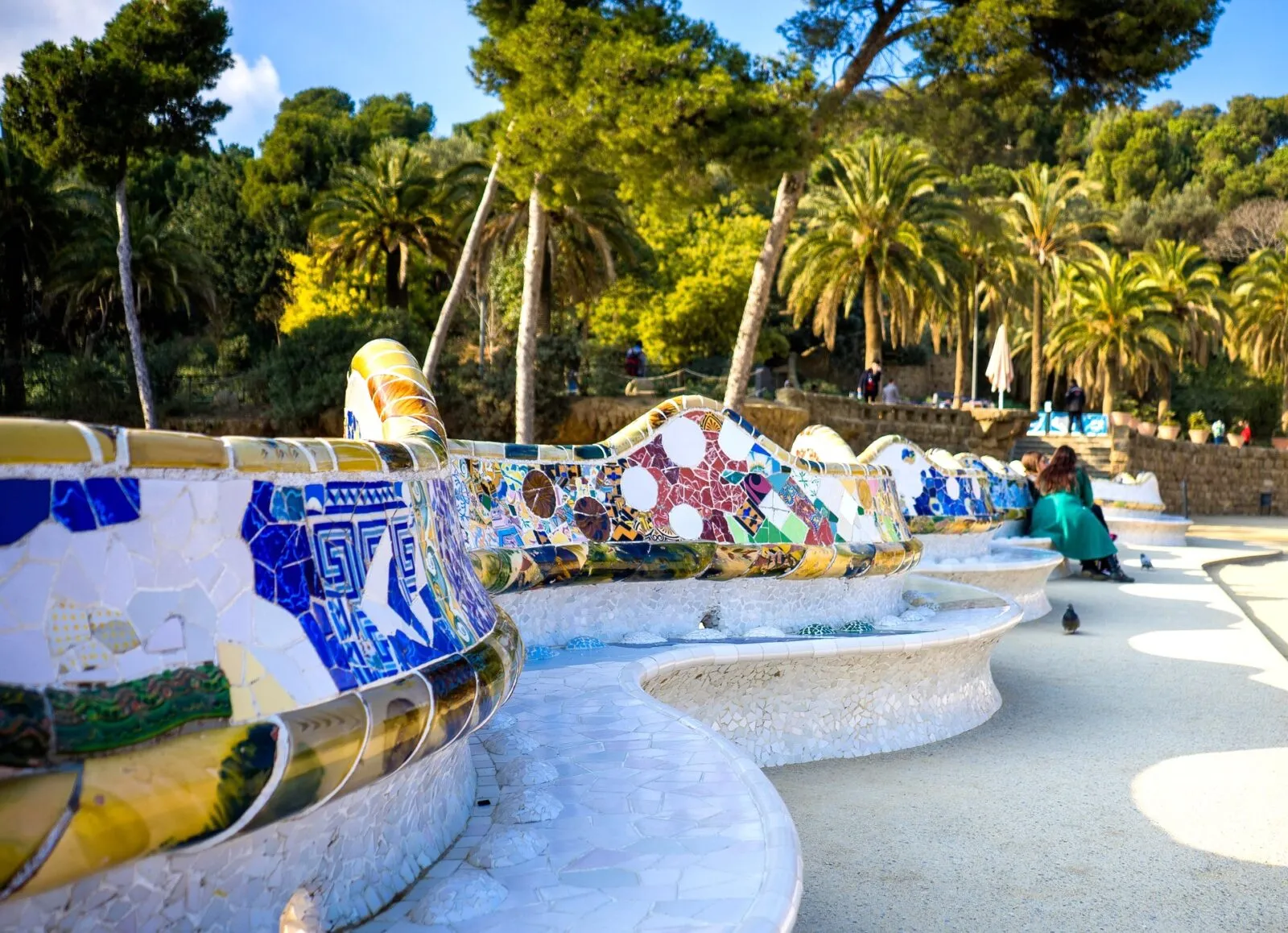 Spanje Barcelona Park Guell Mozaiek Muur