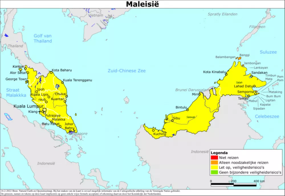 Kaart van reisadvies voor Maleisië