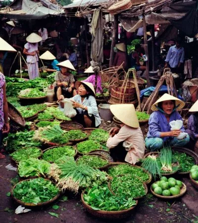 Hoi an markt met vietnamese vrouwen die groente verkopen