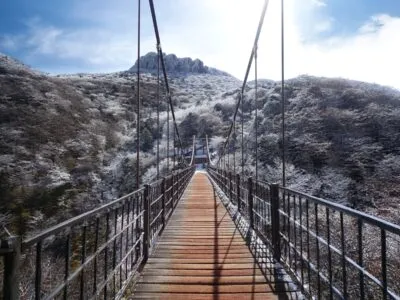 Brug naar het besneeuwde Mount Hallasan op Jeju Island, Zuid-Korea.