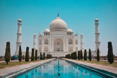 Taj Mahal India Wit Gebouw Blauw Water