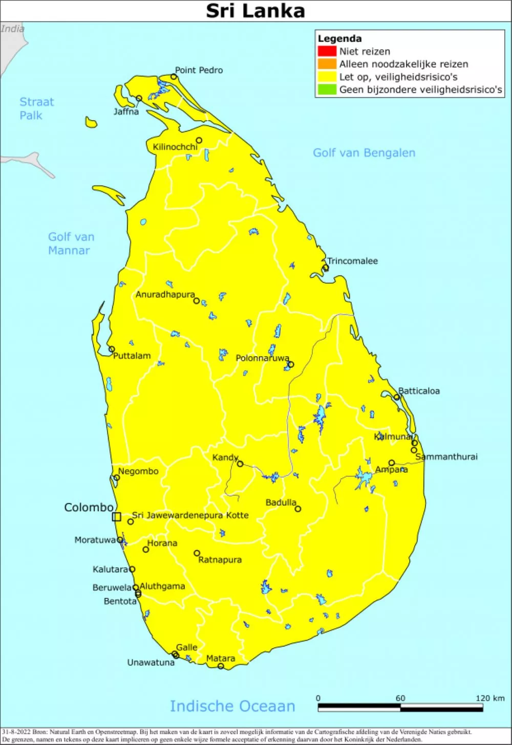 Kaart van reisadvies Sri Lanka